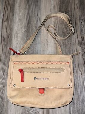 Sherpani Tan Canvas Crossbody Purse With Flower Detail And Orange Bag